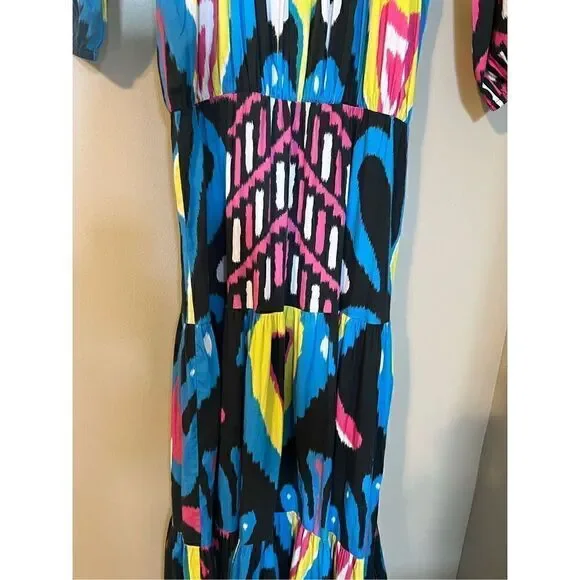 Sheridan French Women’s Size Medium Isabel Maxi Dress Black Blue Heart Ikat NWOT - Picture 5 of 14